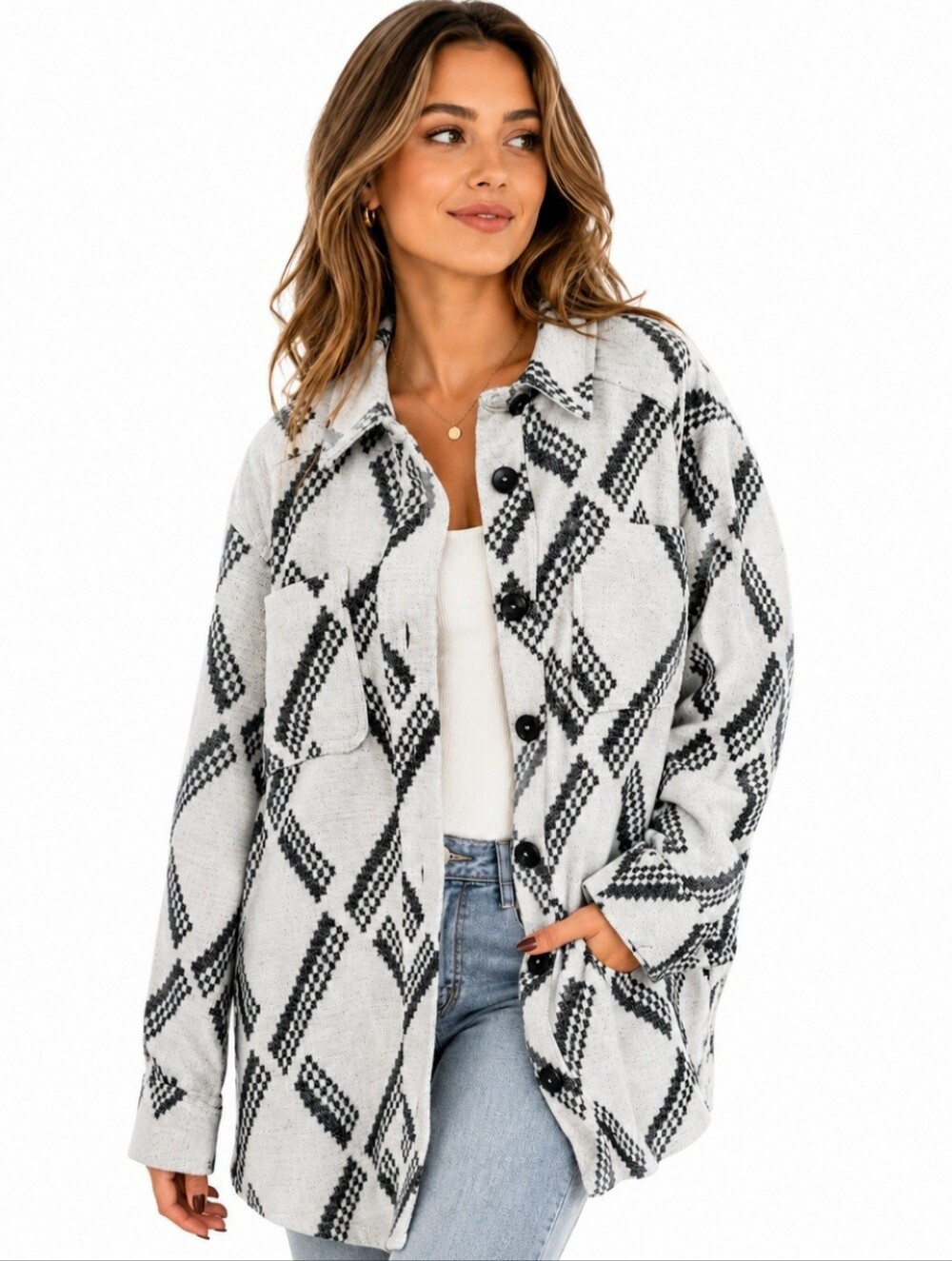 Maurices Aztec Shacket Jacket Women’s Large Cream Black Western Boho Wool Blend